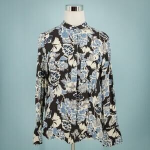 Reiss Size 0 Mika Black Blue Floral Print Collarless Button Front Top Blouse